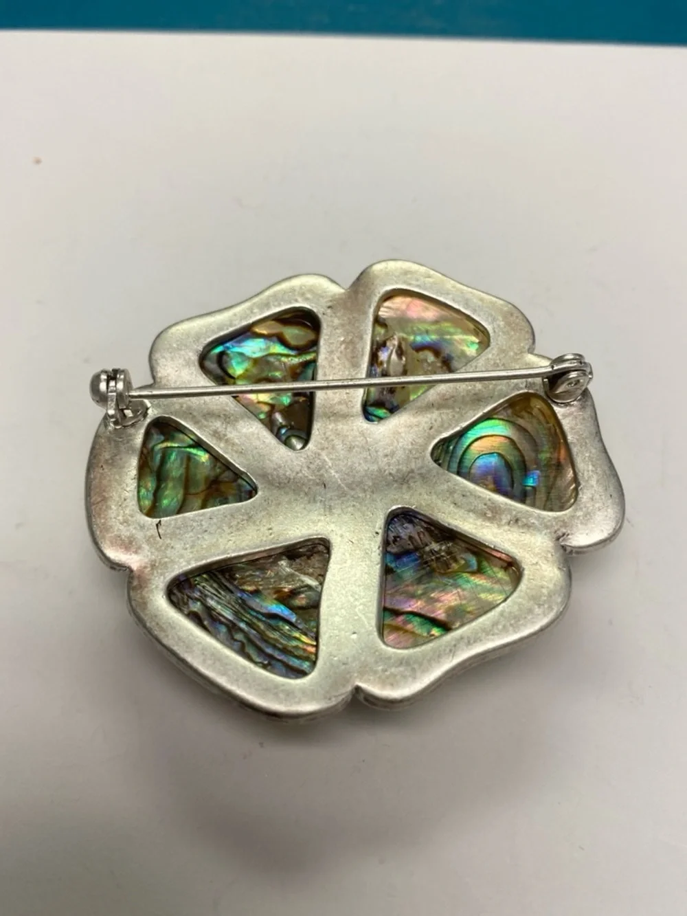 Abalone Shell Flower Brooch with Rhinestone Center
